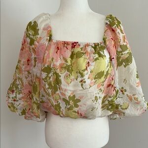 Calypso Floral Puffed Sleeve  Salmon/Green Floral Print Top sz M